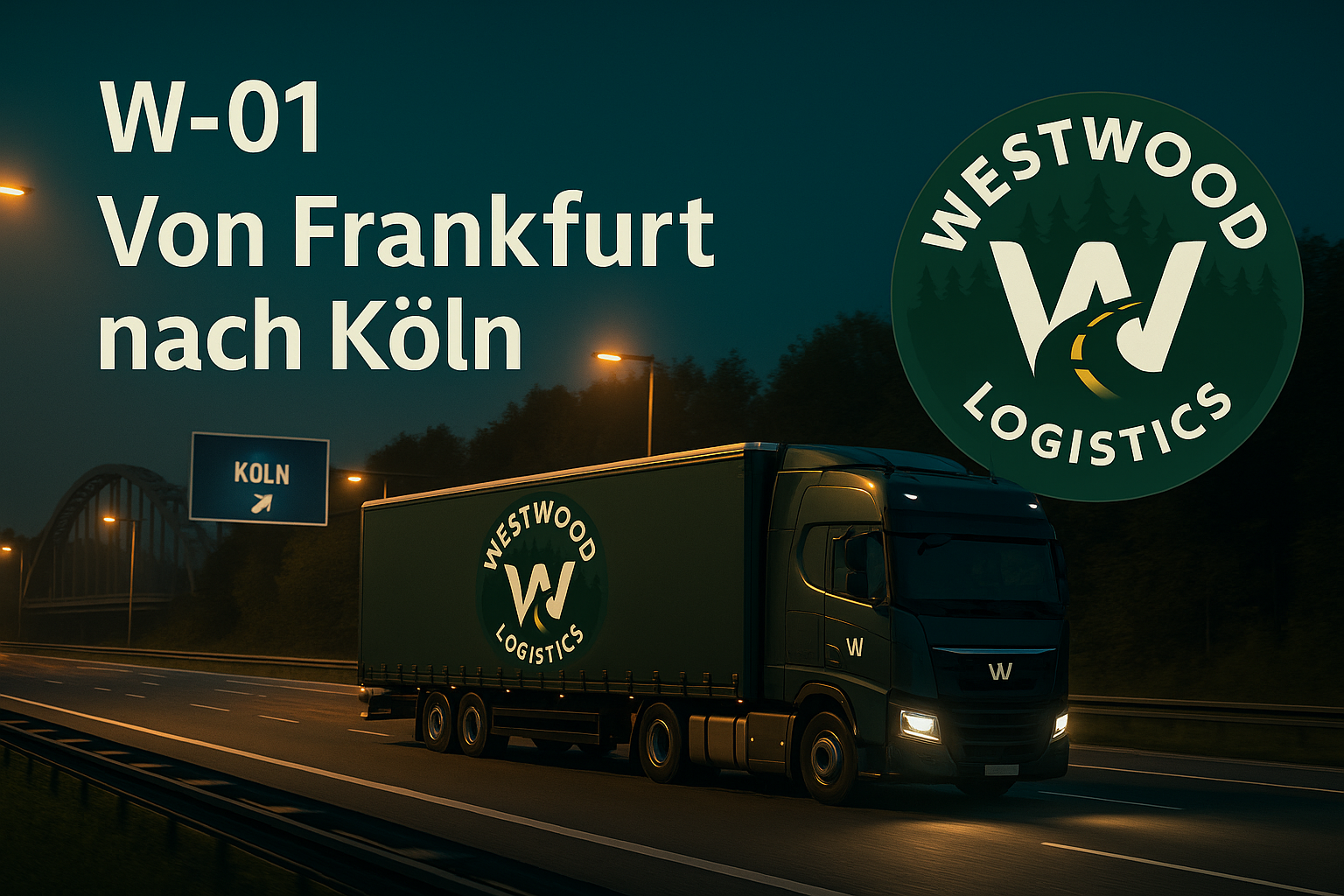 Westwood Logistics LKW bei Nacht auf der Autobahn von Frankfurt nach Köln mit Ausfahrtsschild Köln