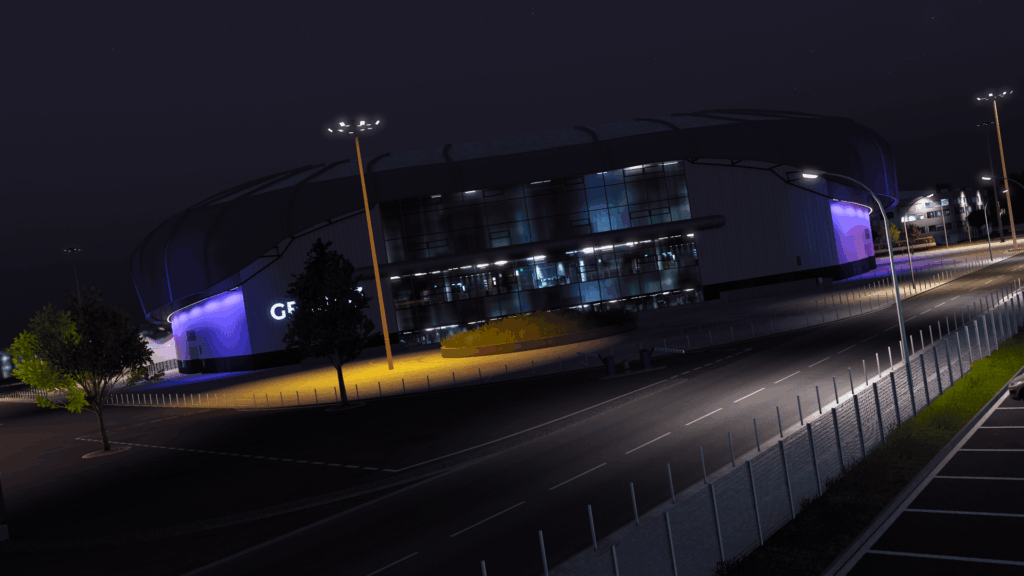 Flutlicht am Düsseldorf Dome – Westwood Logistics passiert die Arena auf dem Weg gen Norden