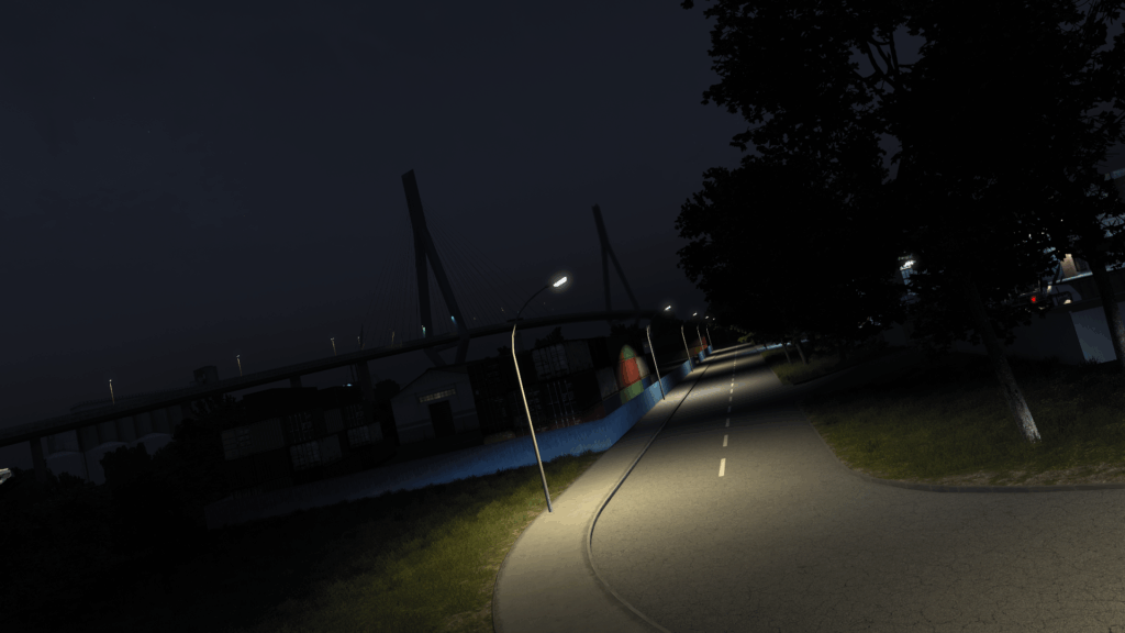 Nacht an der Köhlbrandbrücke in Hamburg – Westwood Logistics erreicht den Hafen auf leisen Reifen