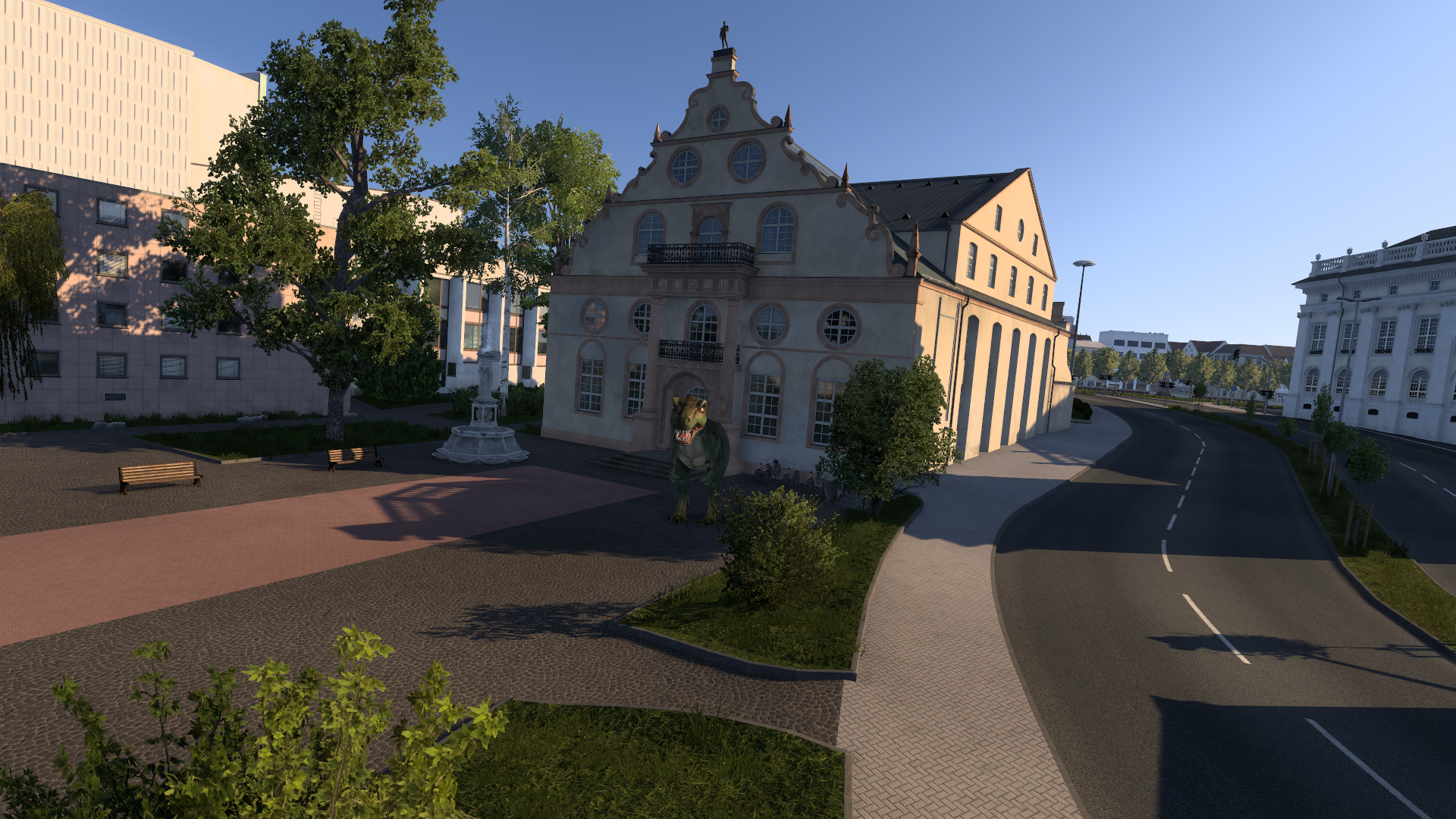 Naturkundemuseum Kassel mit Dinosaurier im frühen Licht