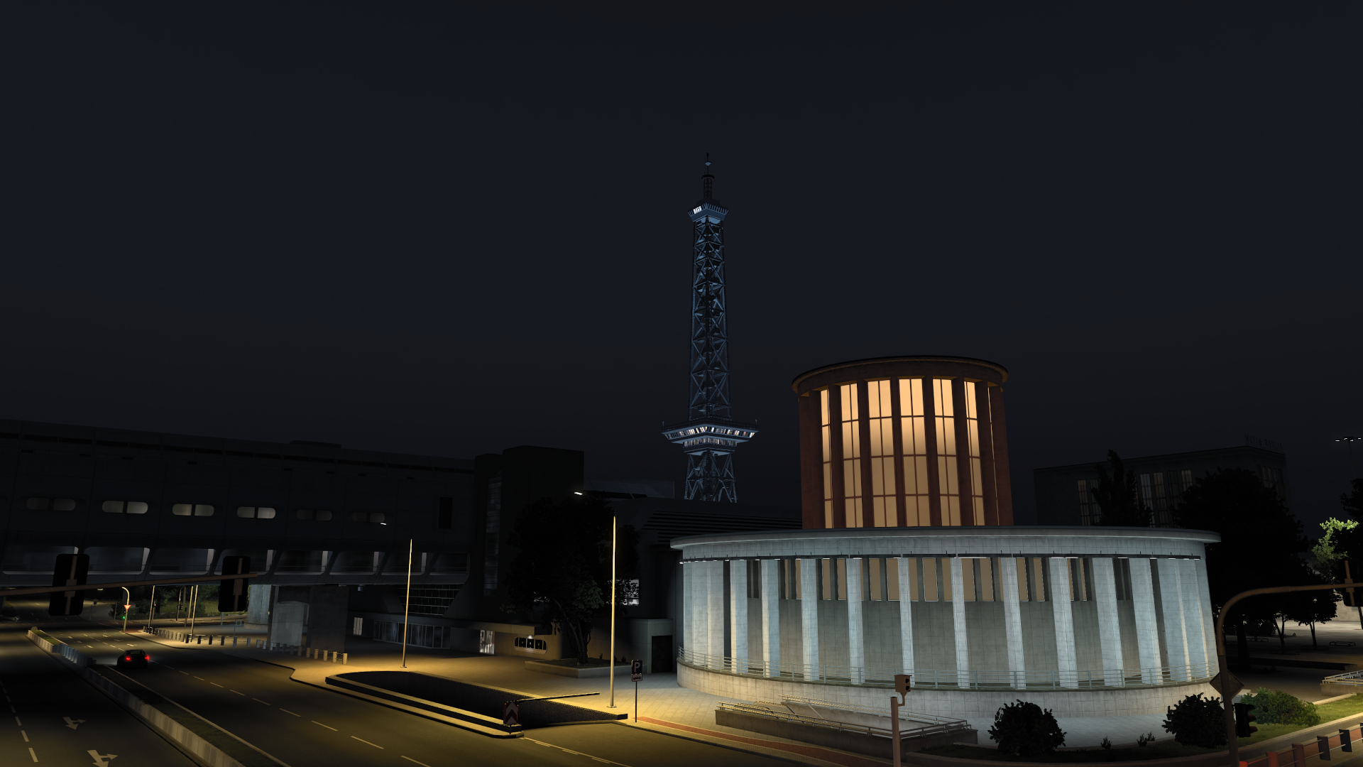 Berliner Funkturm und Messe bei Nacht