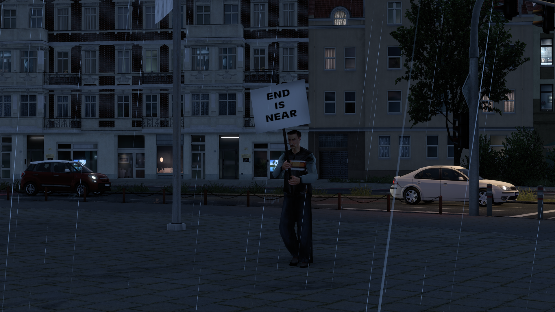 Demonstrant mit Schild „END IS NEAR“